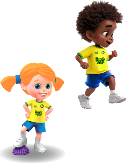Four SOCATOTS toddler avatars running and standing while learning how to play football