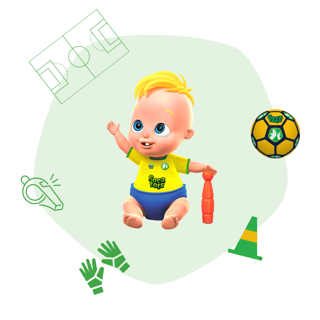 SOCATOTS baby surrounded by the SCOATOTS football, skittle and icons