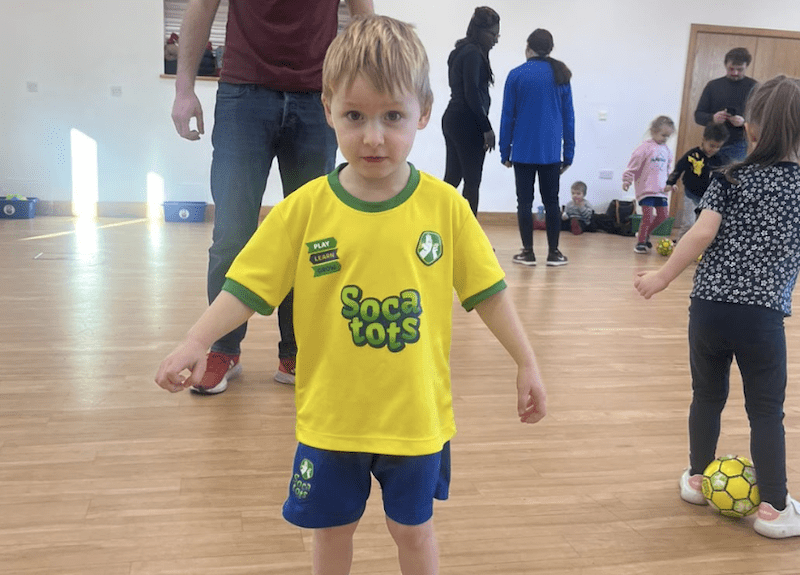Toddler football club in Bristol. Image shows a young child taking part in a Socatots class.