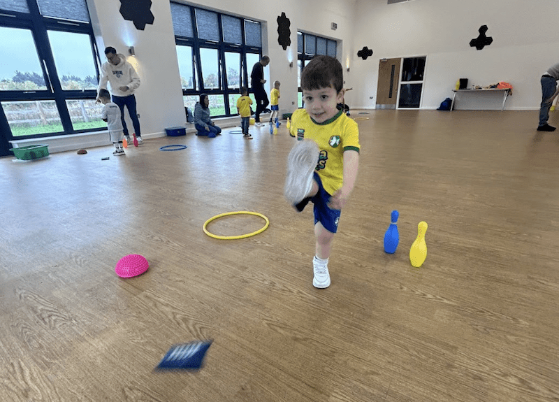 Toddler football club in Sunderland. Image shows a toddler mid-kick during a Socatots class.