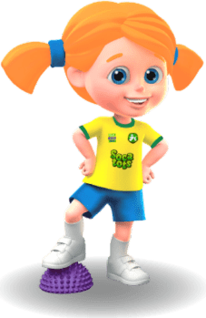Our SOCATOTS girl avatar standing with one foot on our training dome working on their balance