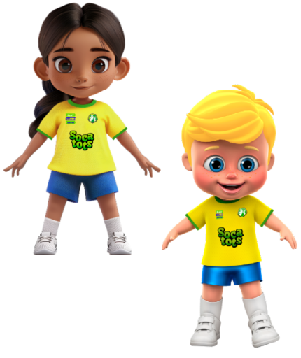 Four SOCATOTS toddler avatars running and standing while learning how to play football